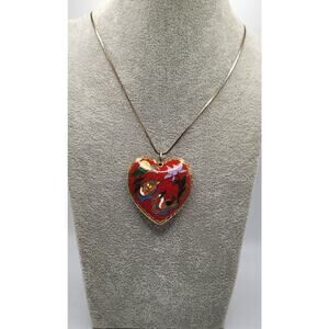 Vintage Reversible Cloisonne Heart Pendant Necklace Ducks Lotus Floral